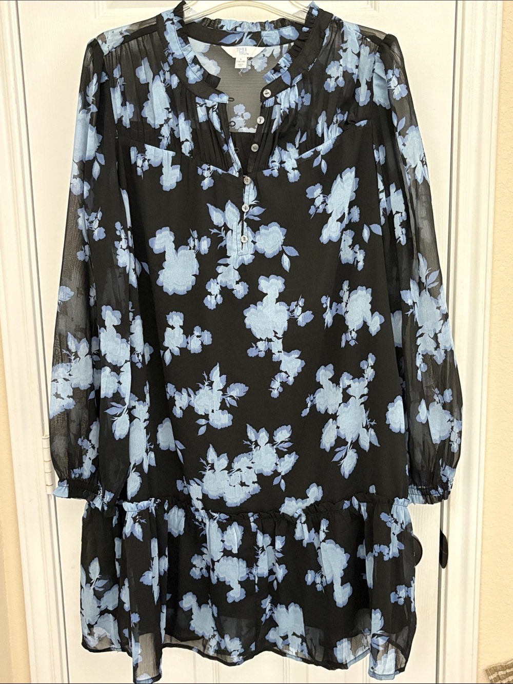 Time and Tru Black Long-Sleeve Floral Tiered Dress with Light Blue Blooms